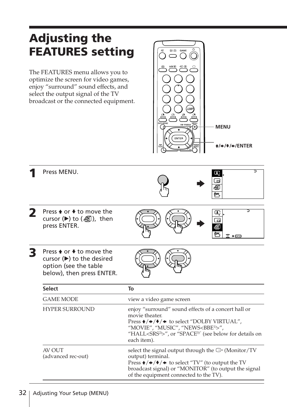 Adjusting the features setting | Sony KV-EF29M61 User Manual | Page 32 / 42