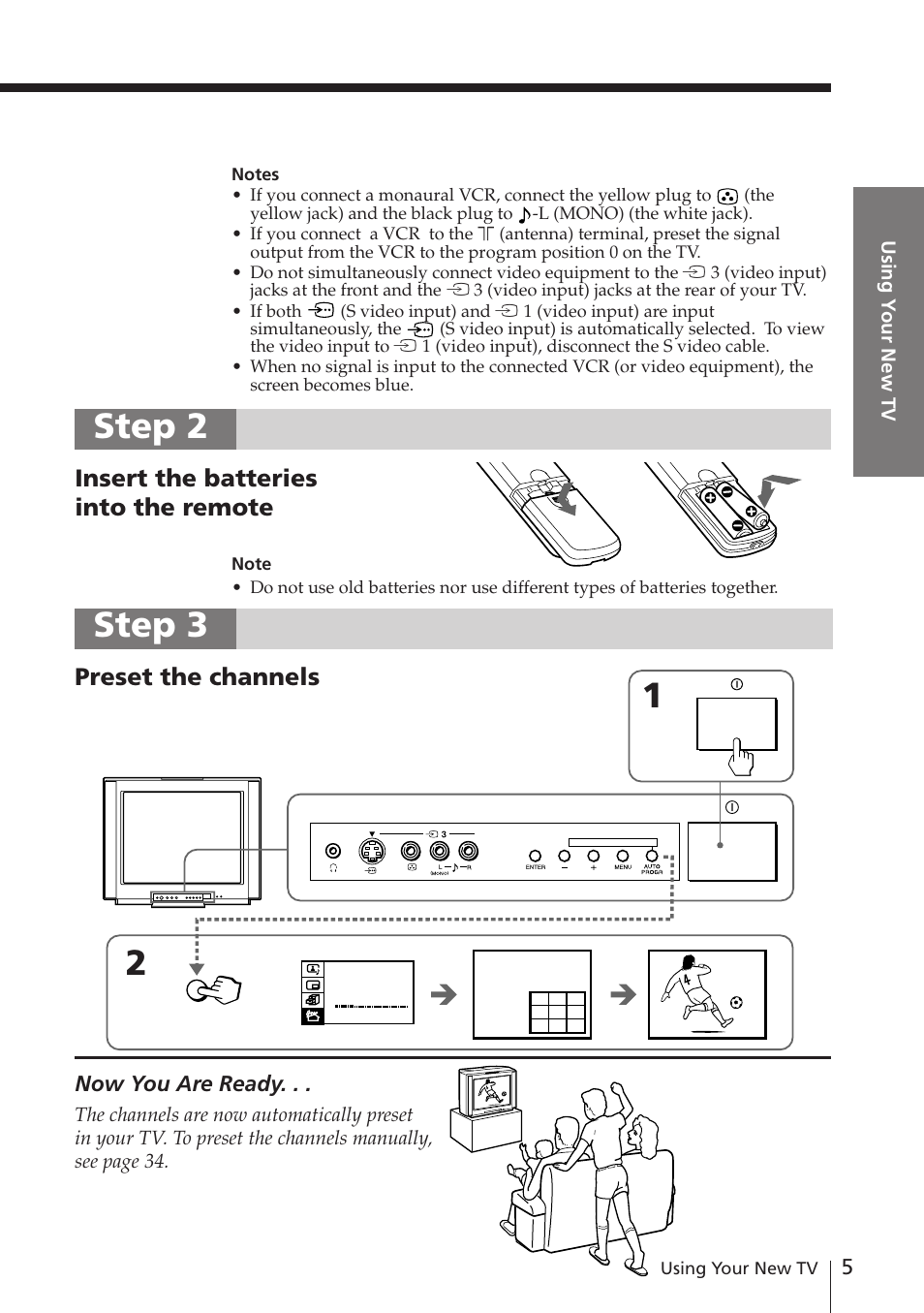 Step 2, Step 3, Insert the batteries into the remote | Preset the channels, Now you are ready, Using y our new tv | Sony KV-EF29M61 User Manual | Page 5 / 42