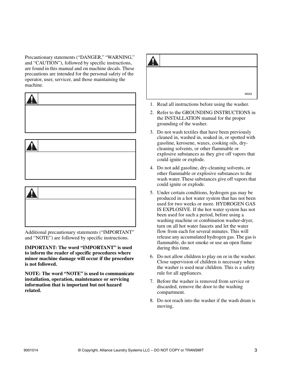 Safety information, Explanation of safety messages, Important safety instructions | Danger, Warning, Caution | Alliance Laundry Systems SW039 User Manual | Page 5 / 30