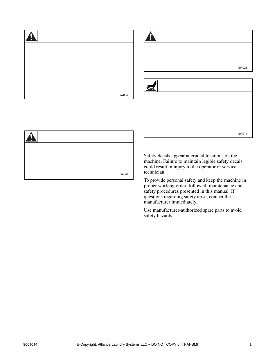 Safety decals, Warning, Caution | Alliance Laundry Systems SW039 User Manual | Page 7 / 30