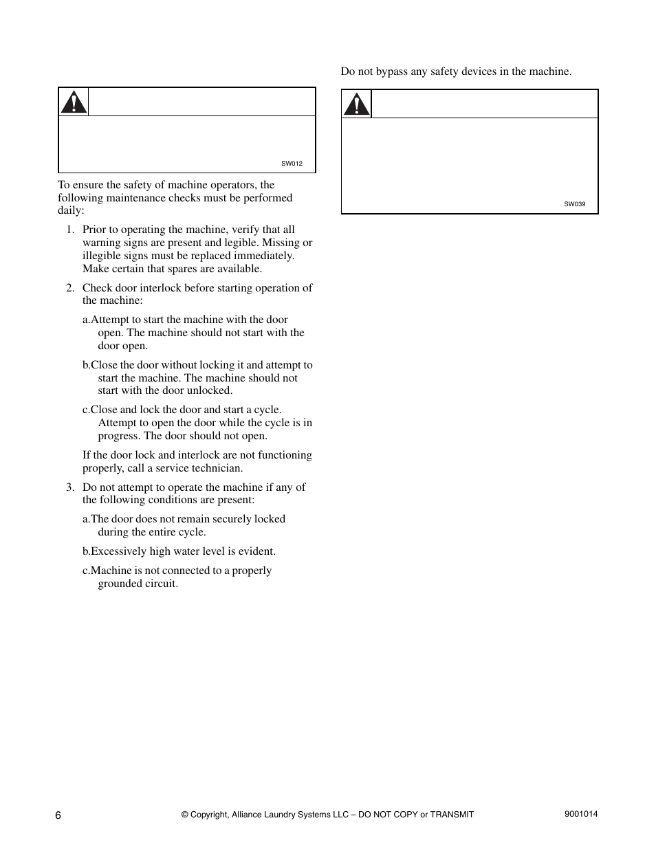 Operator safety, Warning | Alliance Laundry Systems SW039 User Manual | Page 8 / 30