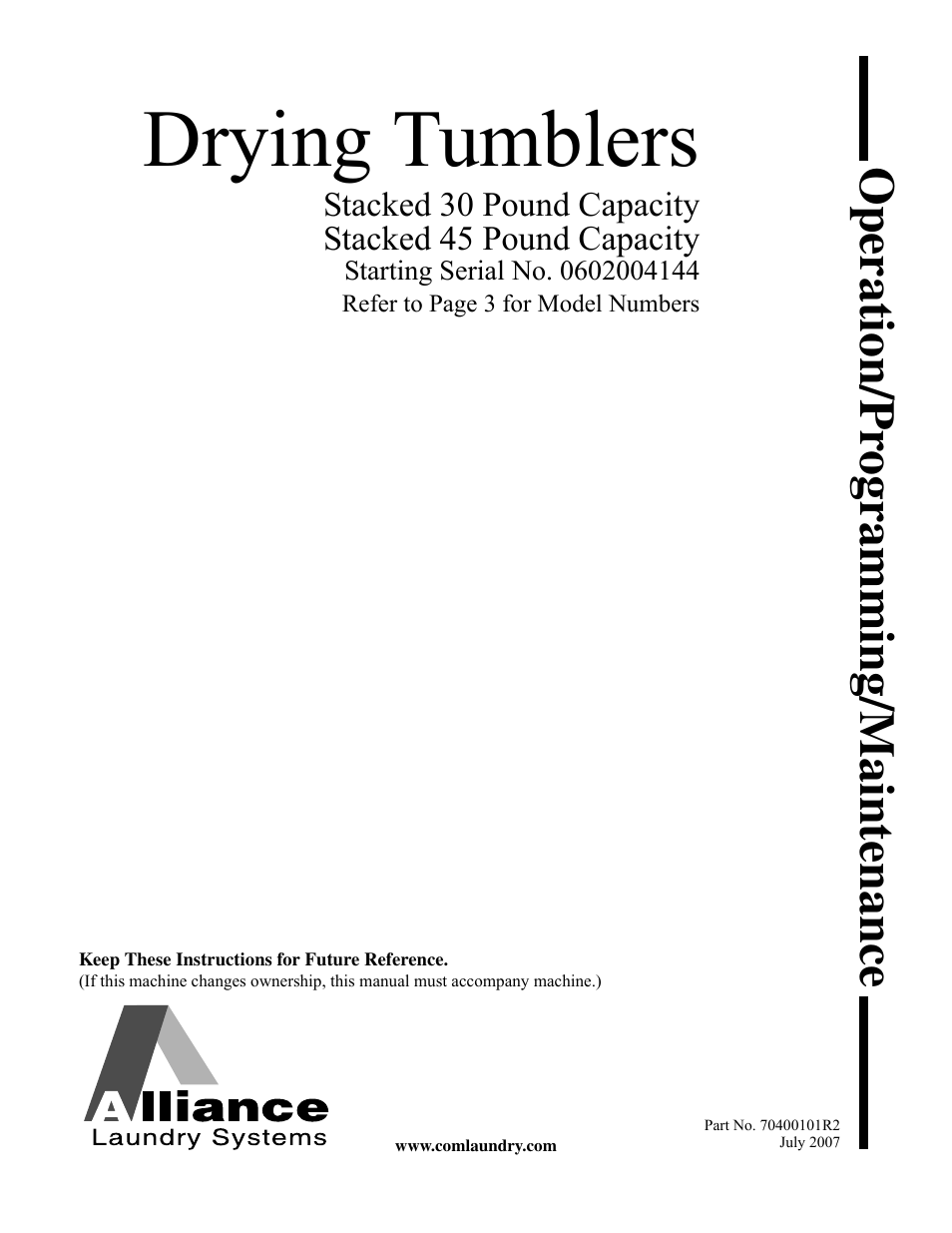 Alliance Laundry Systems Drying Tumbler User Manual | 22 pages
