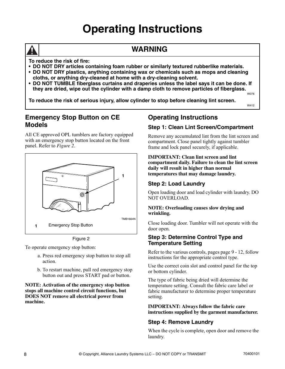 Operating instructions, Emergency stop button on ce models, Warning | Alliance Laundry Systems Drying Tumbler User Manual | Page 10 / 22
