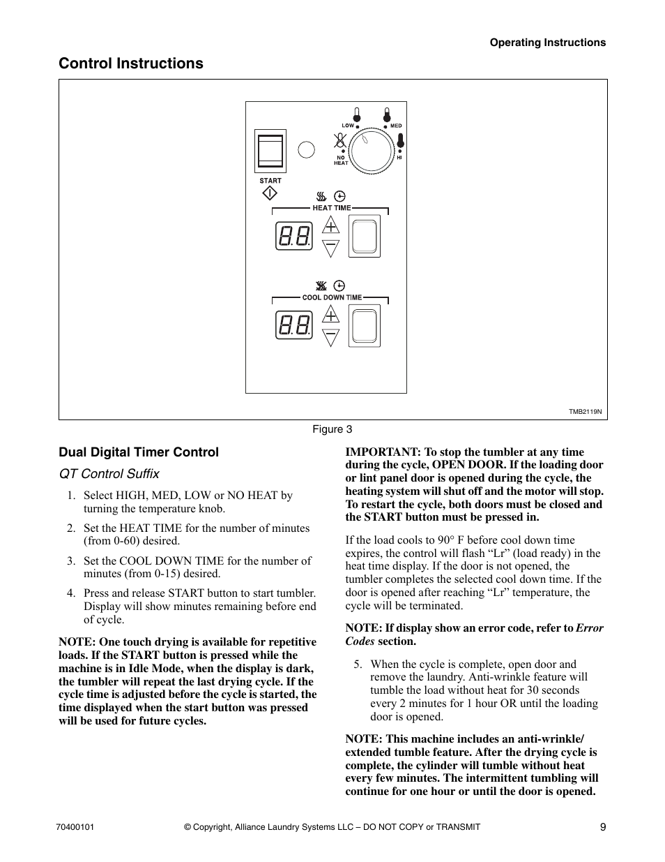 Control instructions, Dual digital timer control | Alliance Laundry Systems Drying Tumbler User Manual | Page 11 / 22