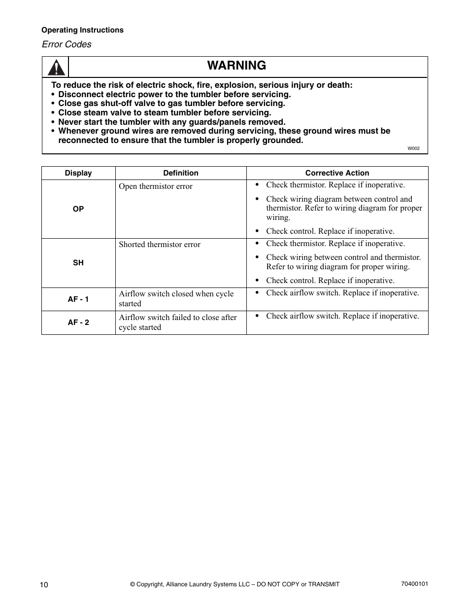 Warning | Alliance Laundry Systems Drying Tumbler User Manual | Page 12 / 22