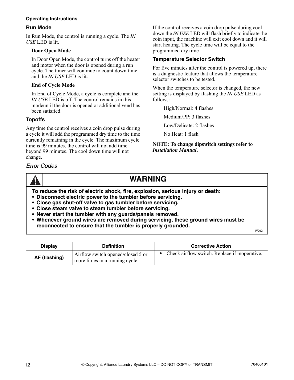 Warning | Alliance Laundry Systems Drying Tumbler User Manual | Page 14 / 22