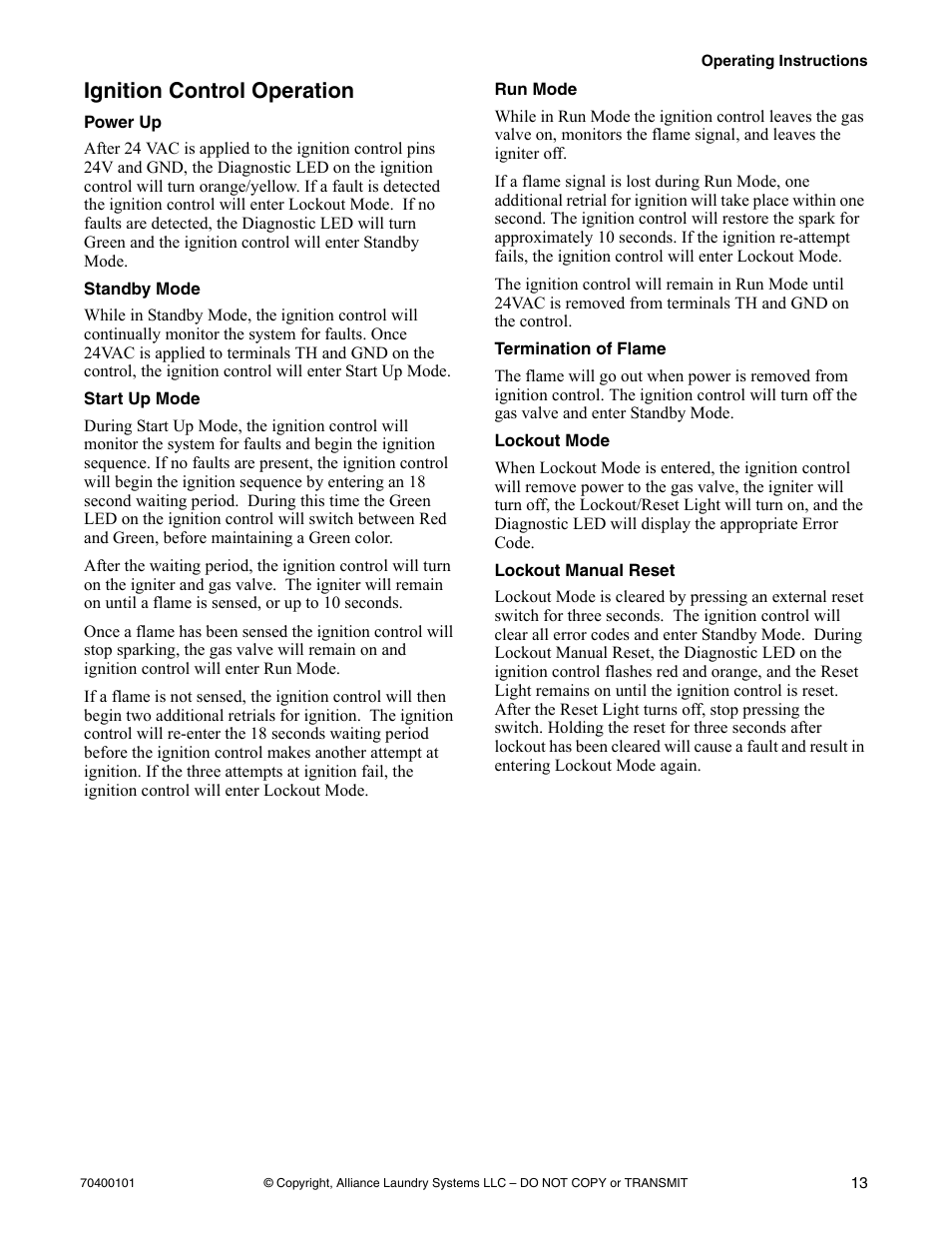 Ignition control operation | Alliance Laundry Systems Drying Tumbler User Manual | Page 15 / 22
