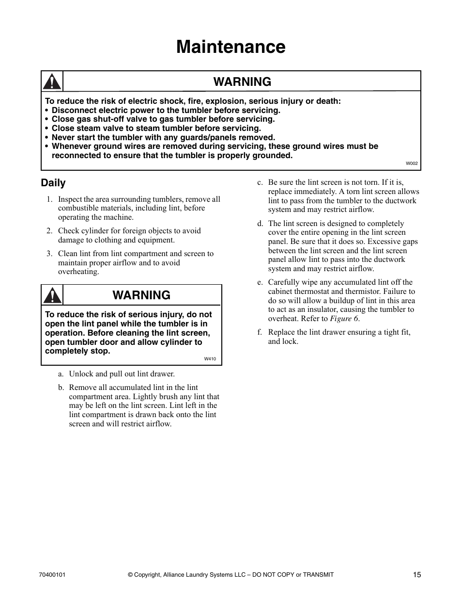 Maintenance, Daily, Warning | Alliance Laundry Systems Drying Tumbler User Manual | Page 17 / 22