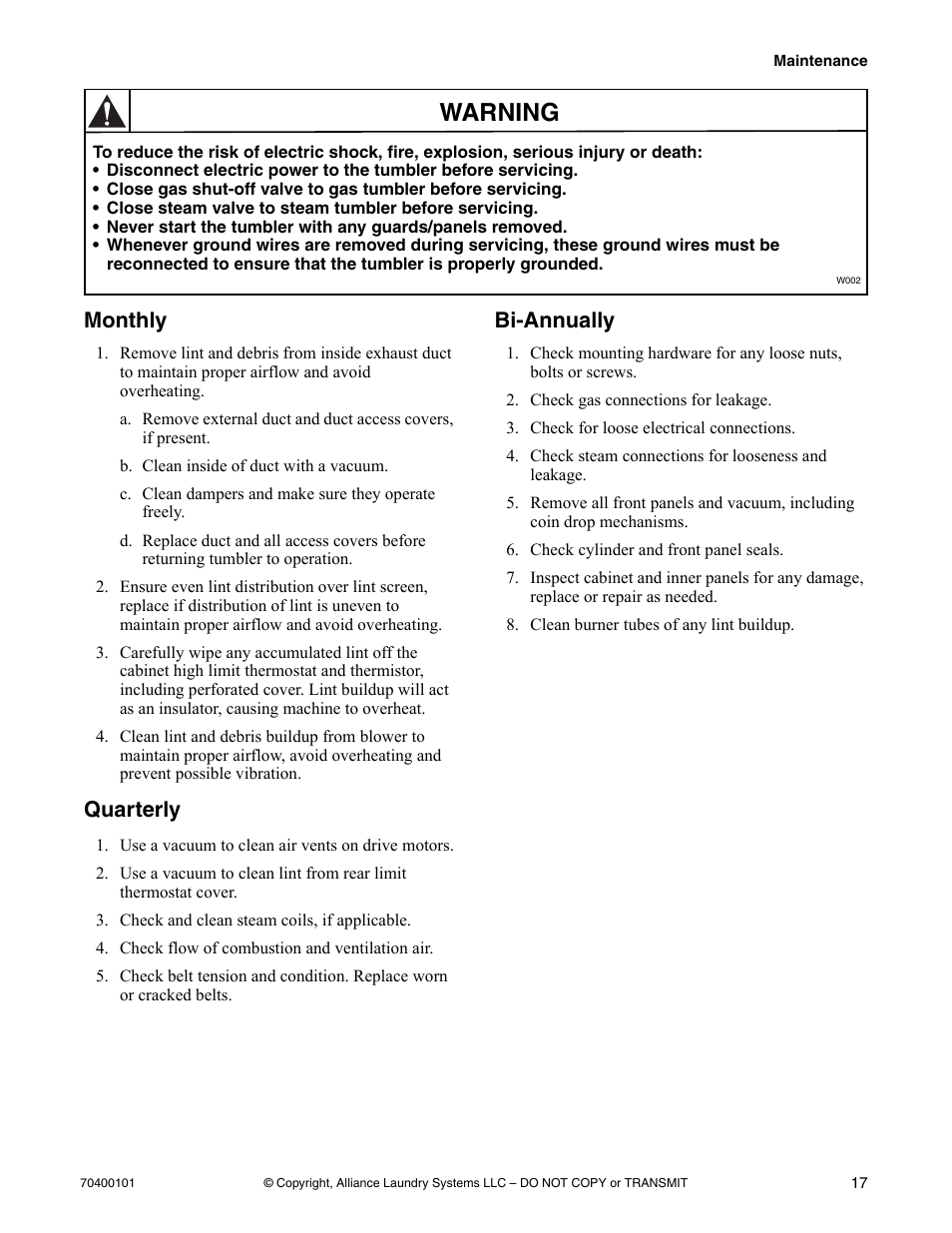 Monthly quarterly bi-annually, Warning, Monthly | Quarterly, Bi-annually | Alliance Laundry Systems Drying Tumbler User Manual | Page 19 / 22