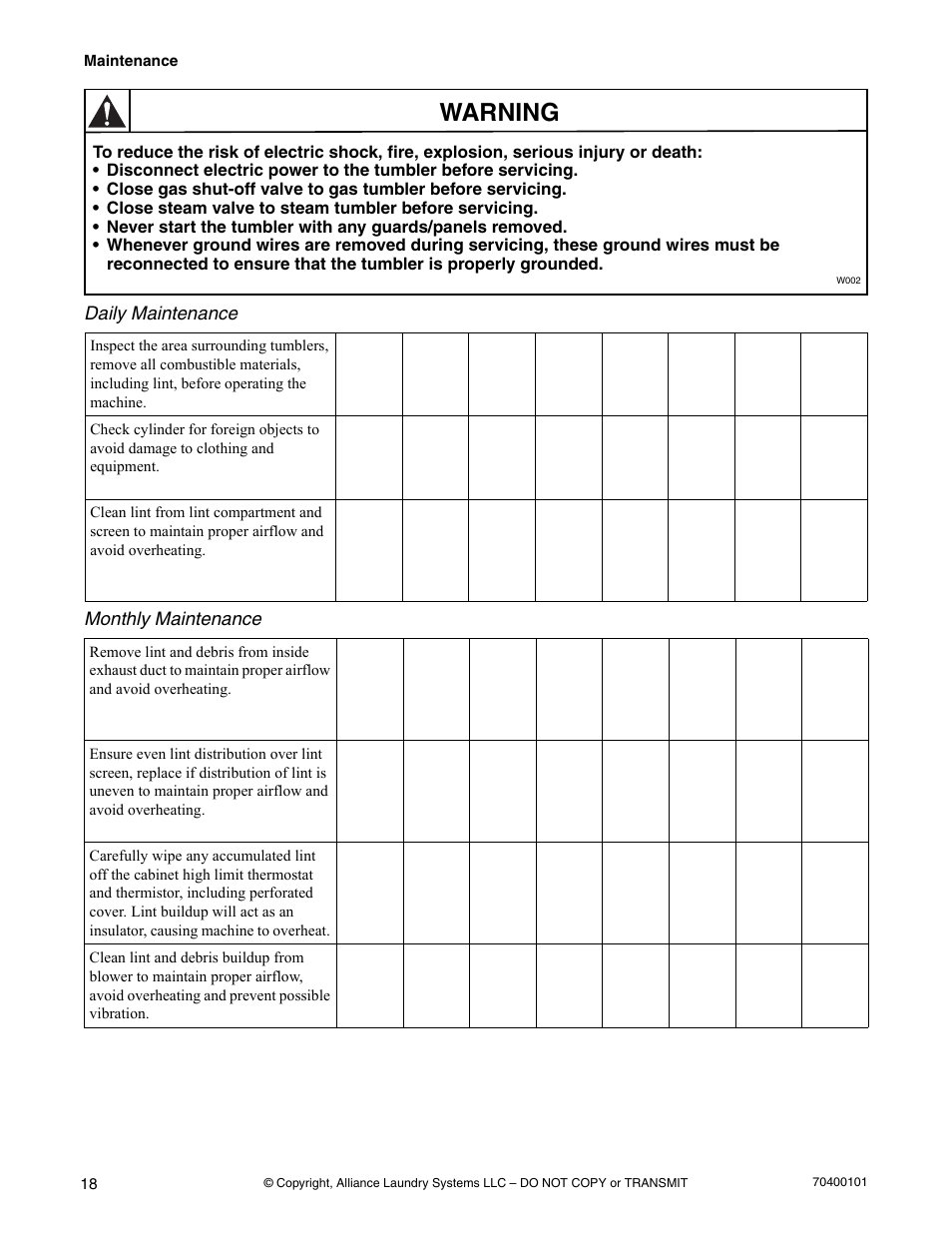 Warning | Alliance Laundry Systems Drying Tumbler User Manual | Page 20 / 22