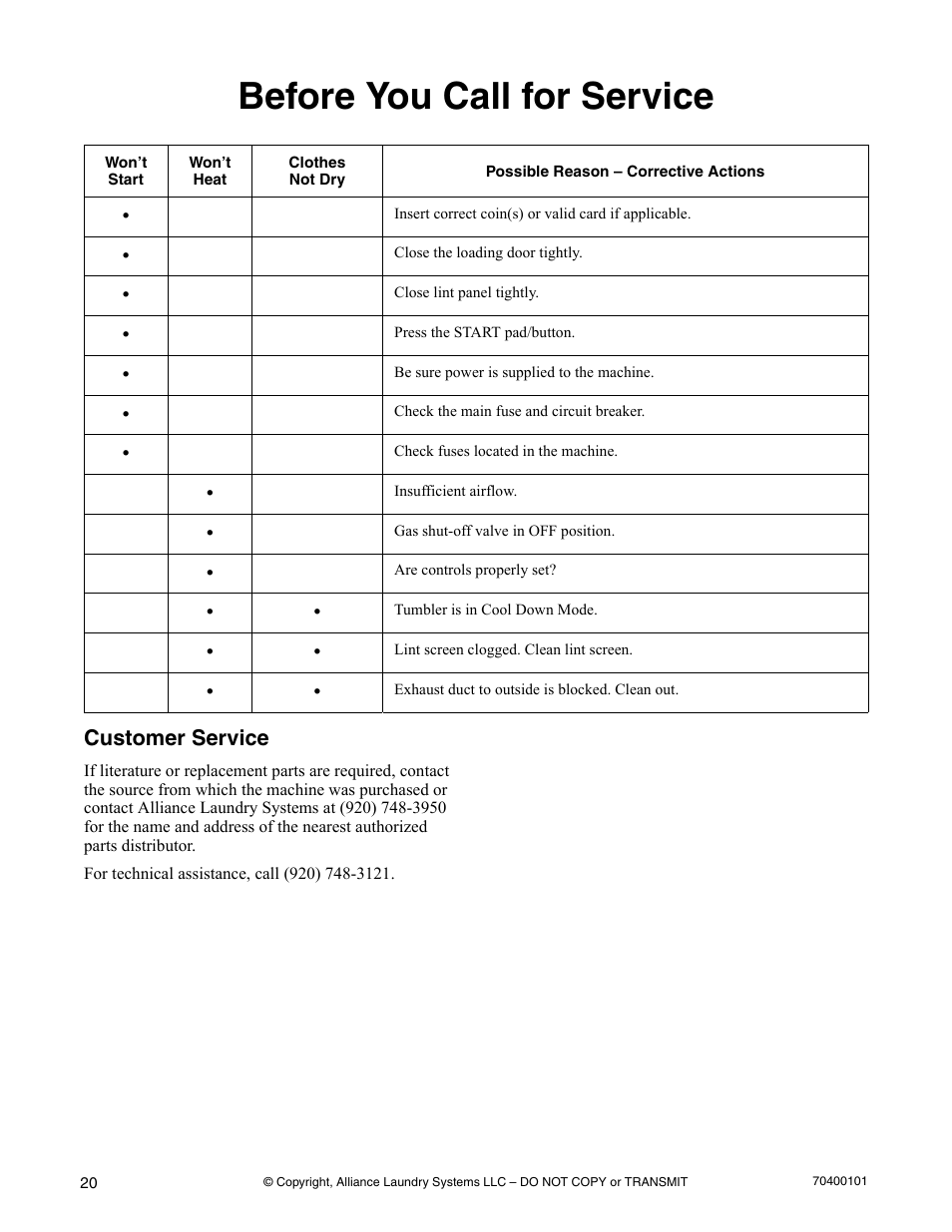 Before you call for service, Customer service | Alliance Laundry Systems Drying Tumbler User Manual | Page 22 / 22