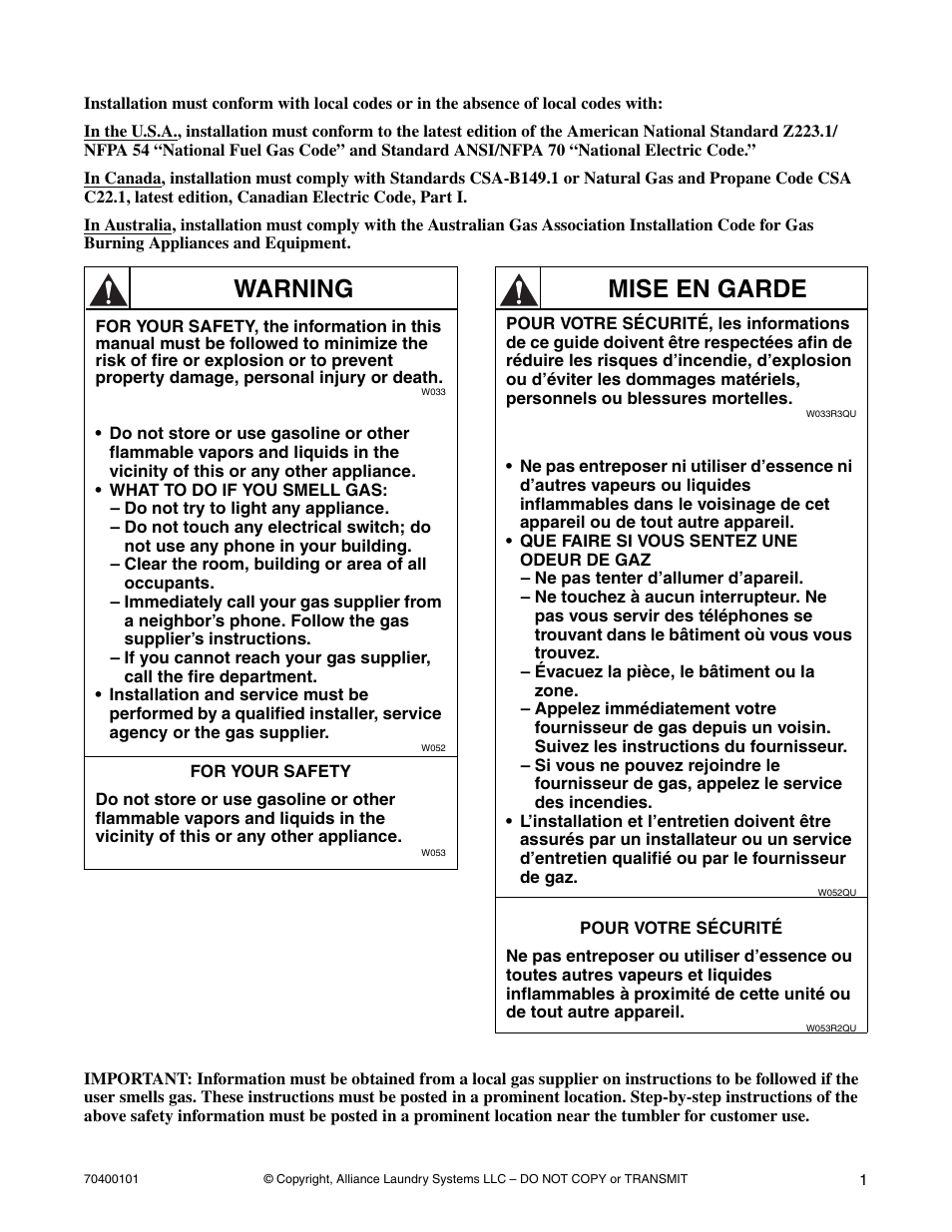 Warning, Mise en garde | Alliance Laundry Systems Drying Tumbler User Manual | Page 3 / 22