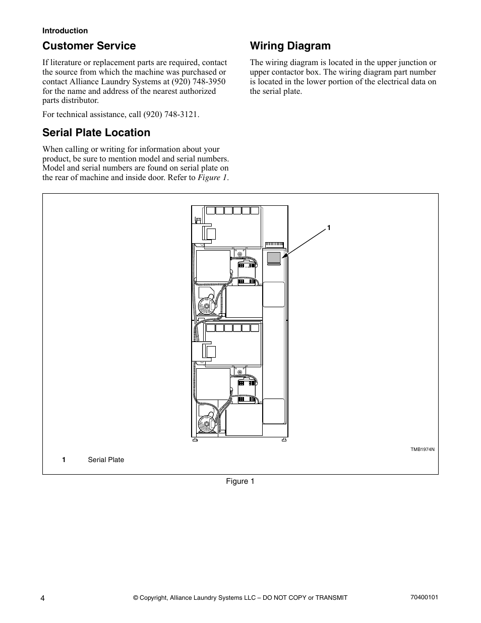 Customer service, Serial plate location, Wiring diagram | Alliance Laundry Systems Drying Tumbler User Manual | Page 6 / 22