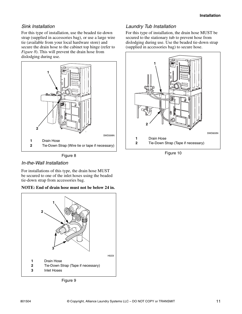 Sink installation, In-the-wall installation, Laundry tub installation | Alliance Laundry Systems Washer/Dryer User Manual | Page 13 / 78