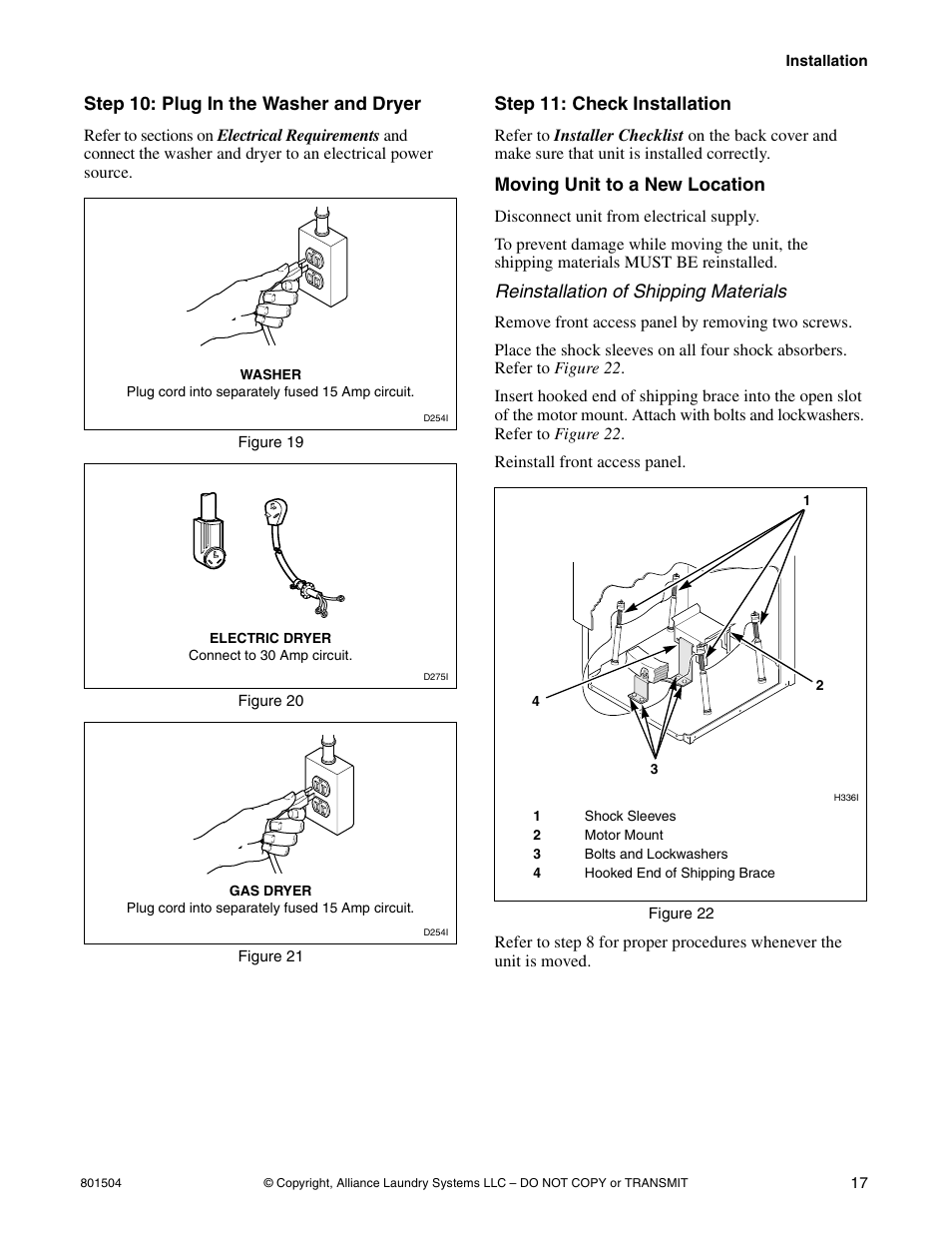 Step 10: plug in the washer and dryer, Step 11: check installation, Moving unit to a new location | Reinstallation of shipping materials | Alliance Laundry Systems Washer/Dryer User Manual | Page 19 / 78