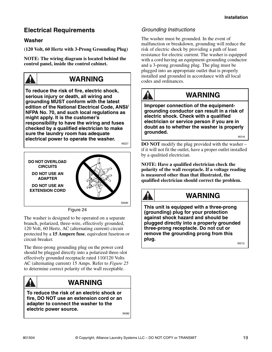 Warning, Electrical requirements | Alliance Laundry Systems Washer/Dryer User Manual | Page 21 / 78