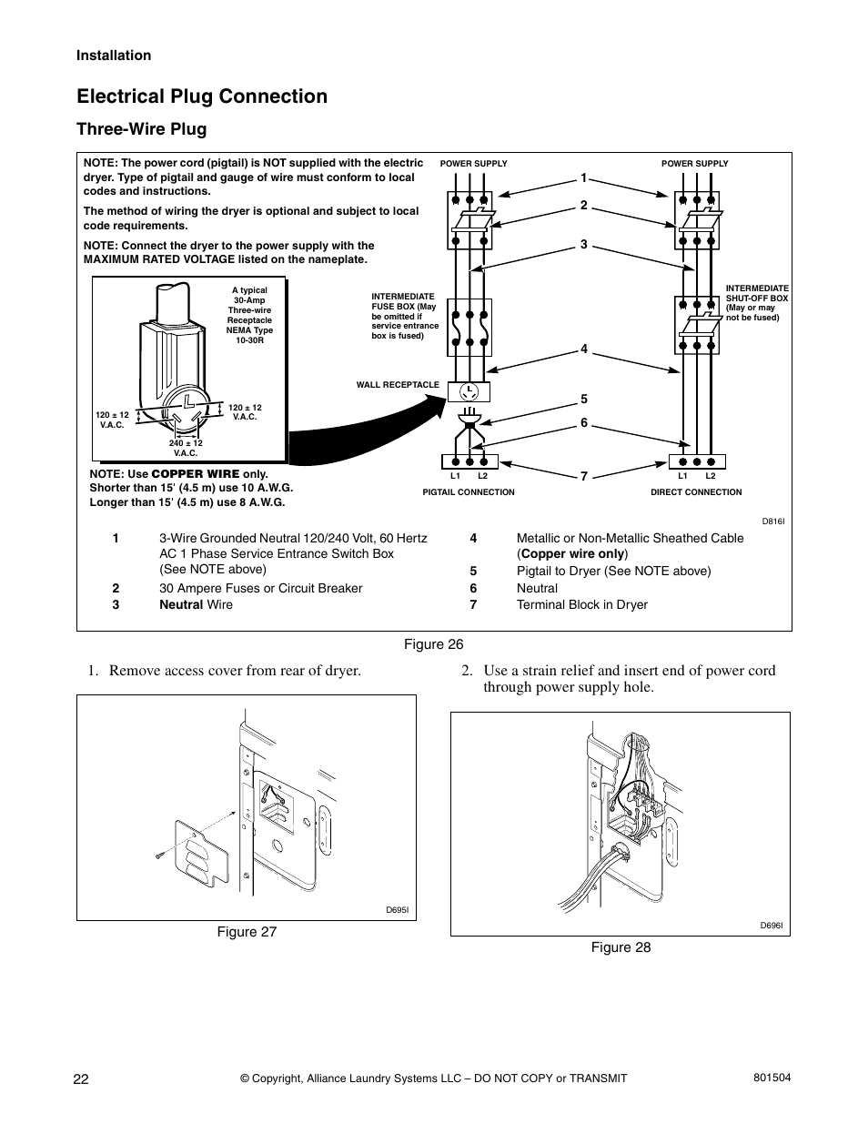 Electrical plug connection, Three-wire plug, Remove access cover from rear of dryer | Alliance Laundry Systems Washer/Dryer User Manual | Page 24 / 78
