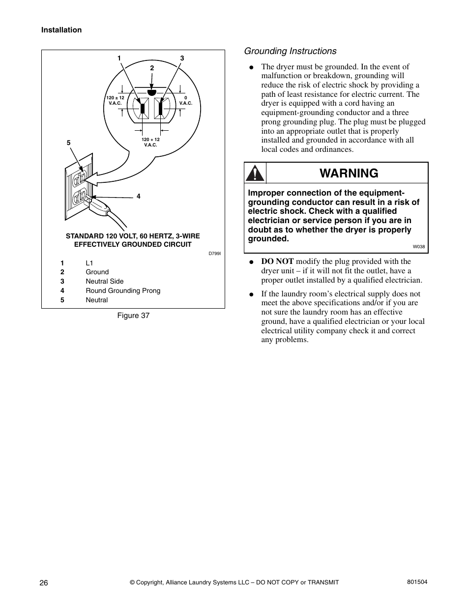 Warning, Grounding instructions | Alliance Laundry Systems Washer/Dryer User Manual | Page 28 / 78