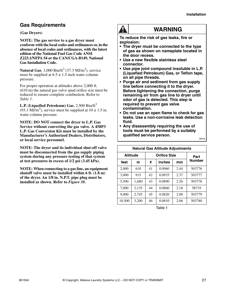 Warning, Gas requirements | Alliance Laundry Systems Washer/Dryer User Manual | Page 29 / 78