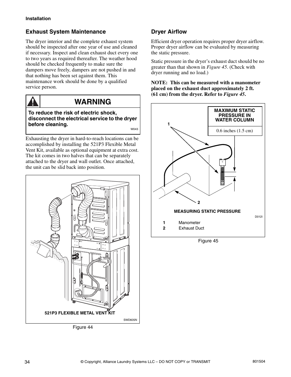 Warning, Exhaust system maintenance, Dryer airflow | Alliance Laundry Systems Washer/Dryer User Manual | Page 36 / 78