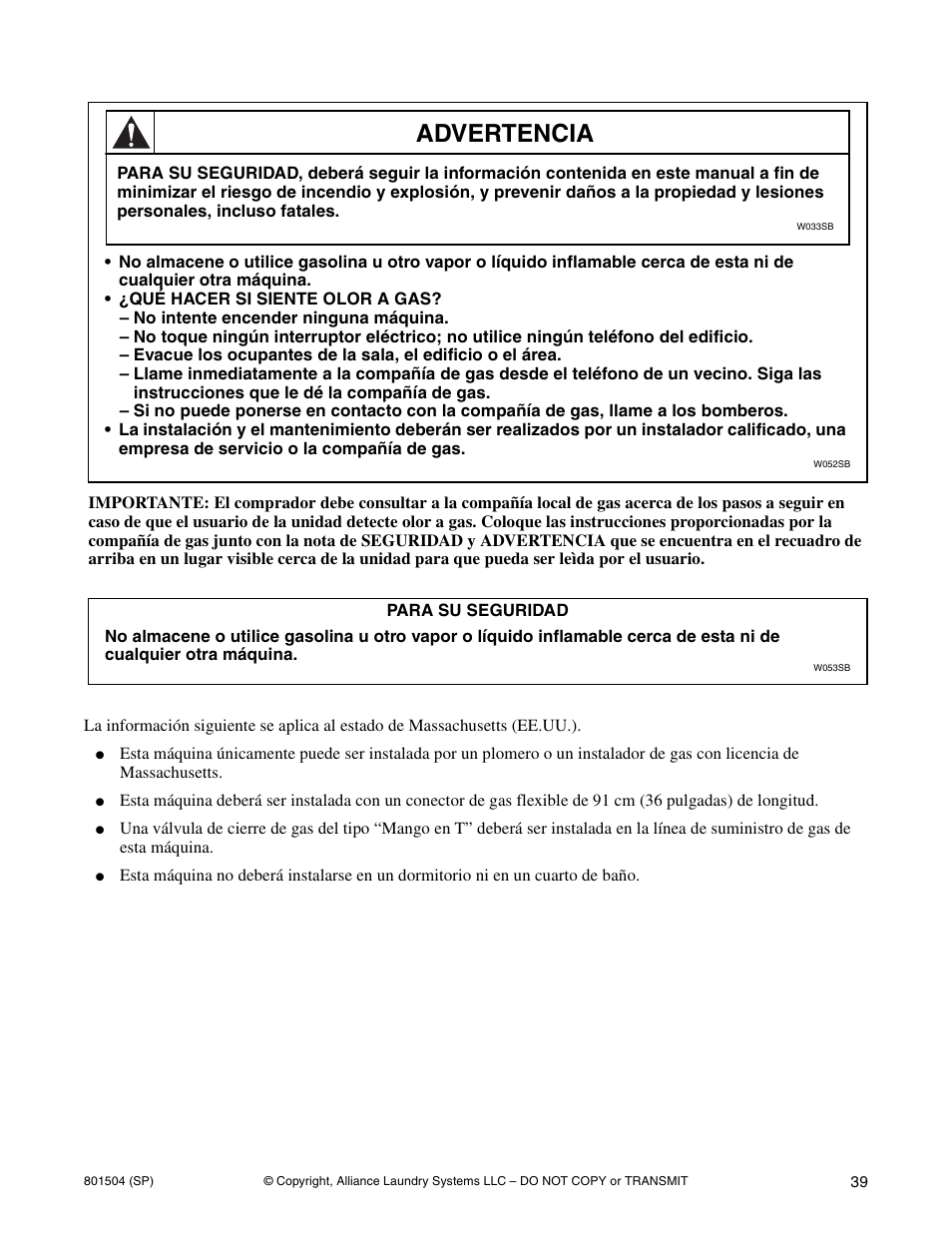 Advertencia | Alliance Laundry Systems Washer/Dryer User Manual | Page 41 / 78