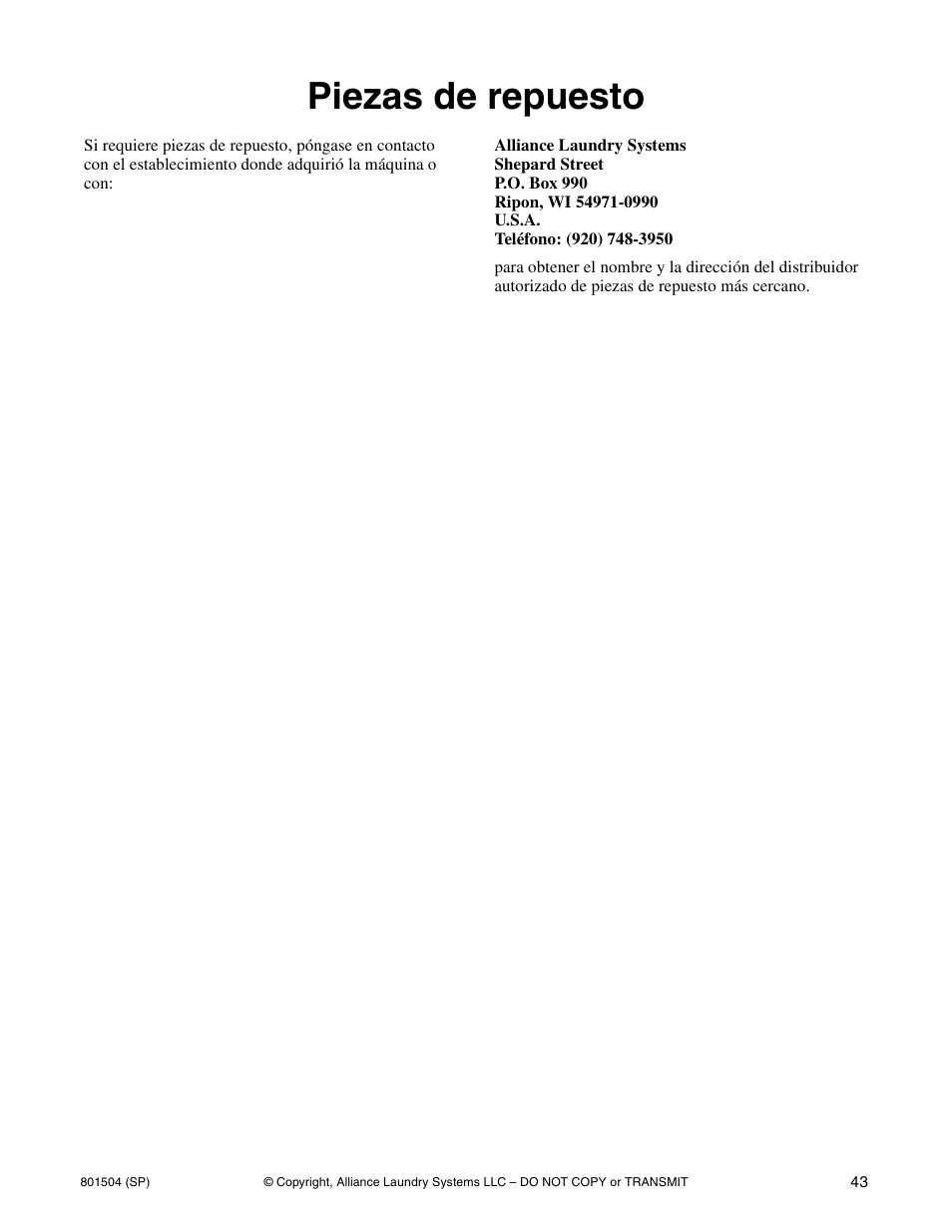 Piezas de repuesto | Alliance Laundry Systems Washer/Dryer User Manual | Page 45 / 78