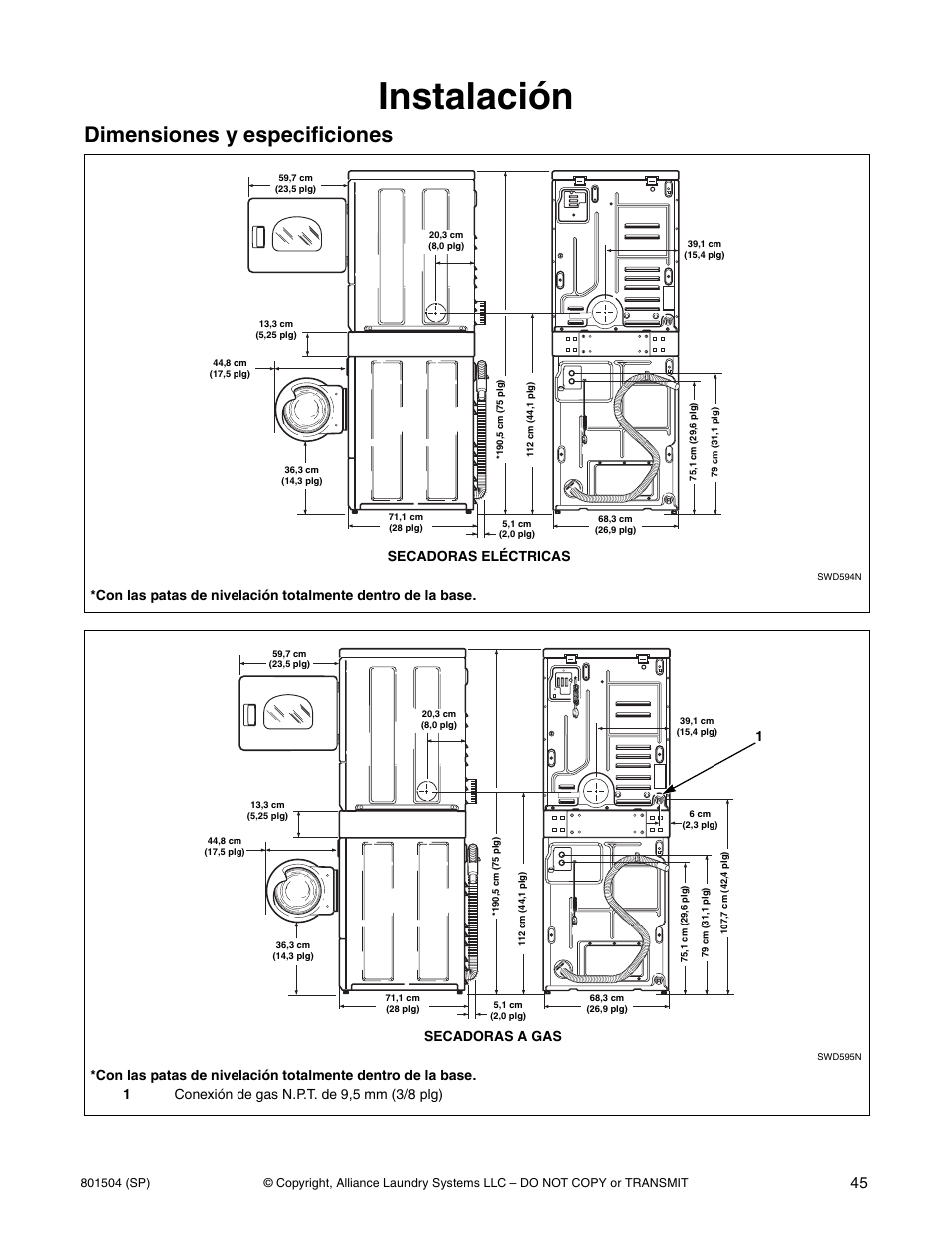 Instalación, Dimensiones y especificiones, Secadoras eléctricas | Secadoras a gas | Alliance Laundry Systems Washer/Dryer User Manual | Page 47 / 78