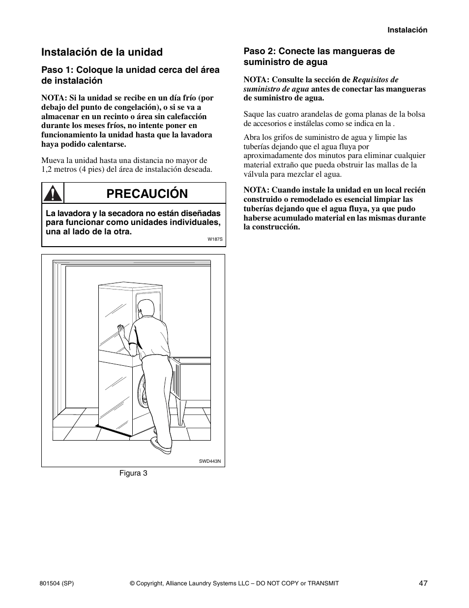 Precaución, Instalación de la unidad | Alliance Laundry Systems Washer/Dryer User Manual | Page 49 / 78