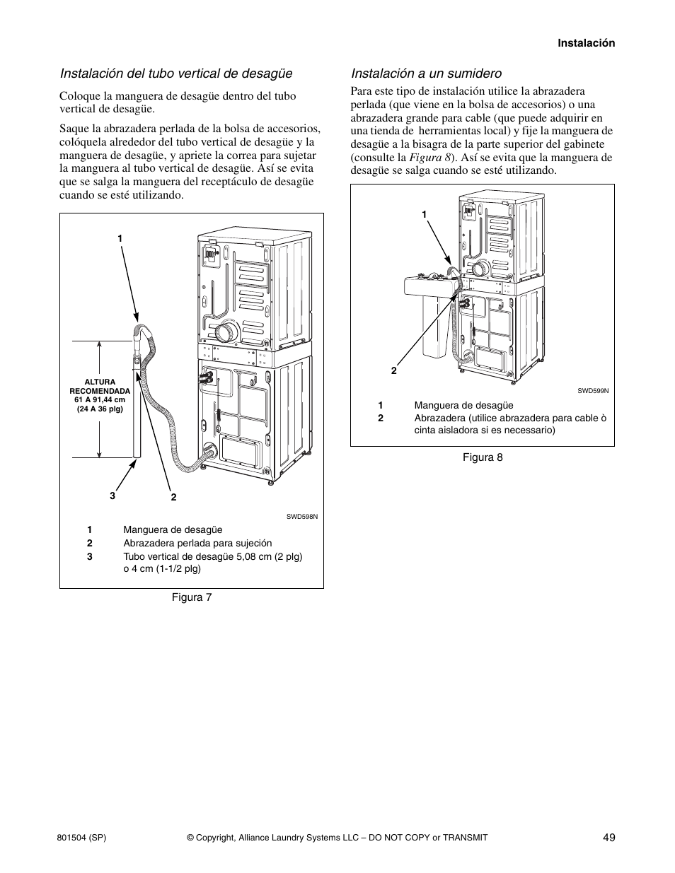 Instalación del tubo vertical de desagüe, Instalación a un sumidero | Alliance Laundry Systems Washer/Dryer User Manual | Page 51 / 78