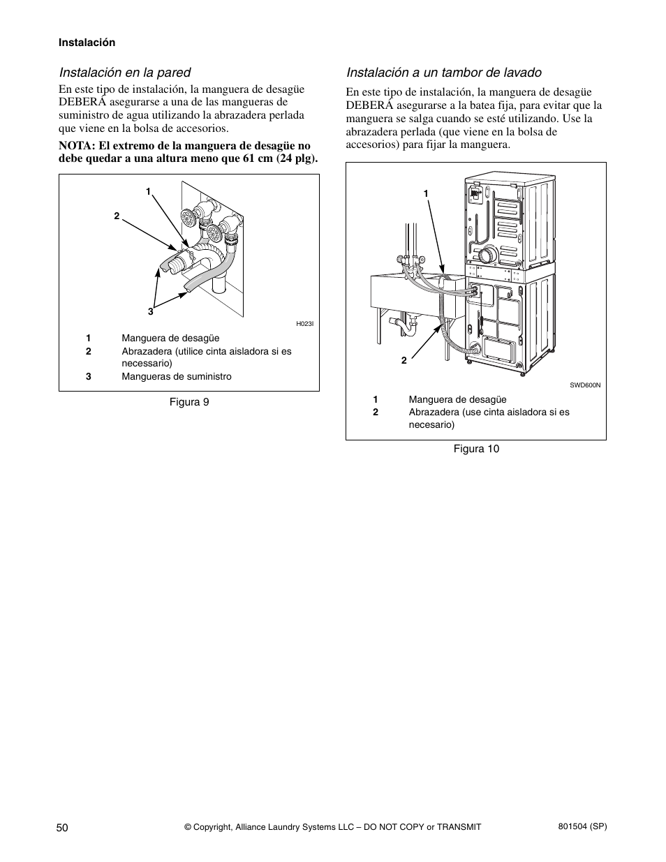 Instalación en la pared, Instalación a un tambor de lavado | Alliance Laundry Systems Washer/Dryer User Manual | Page 52 / 78