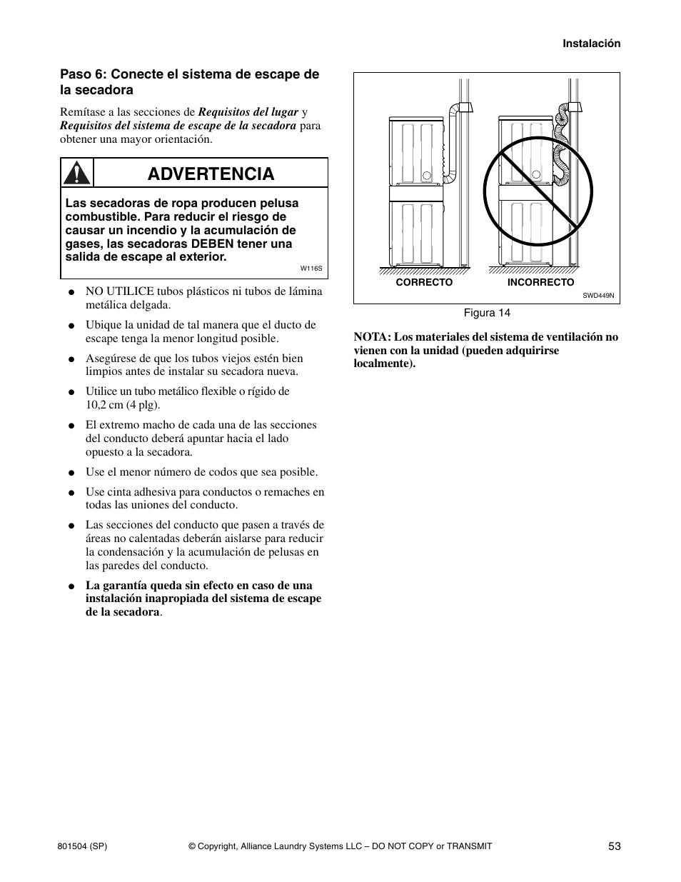 Advertencia | Alliance Laundry Systems Washer/Dryer User Manual | Page 55 / 78