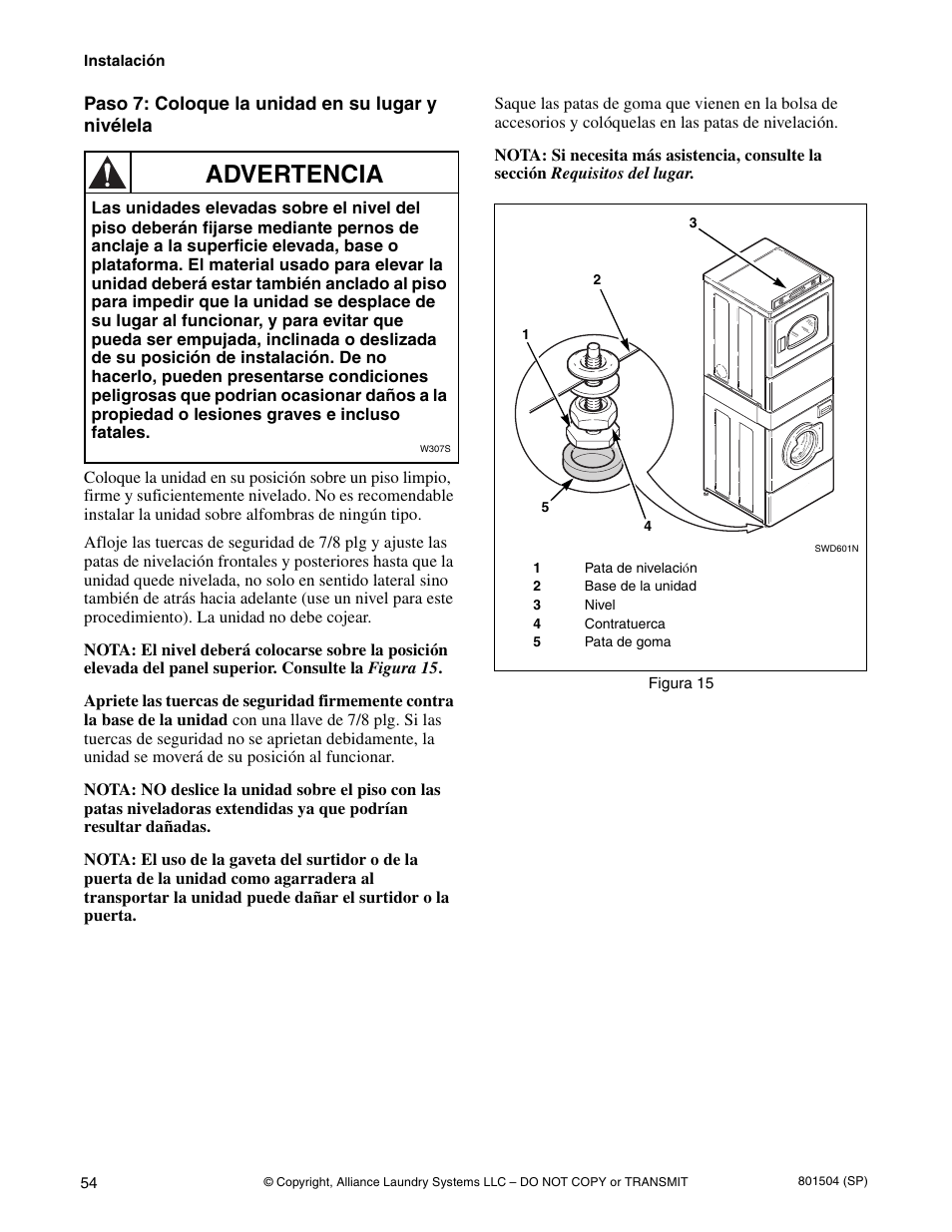Advertencia | Alliance Laundry Systems Washer/Dryer User Manual | Page 56 / 78