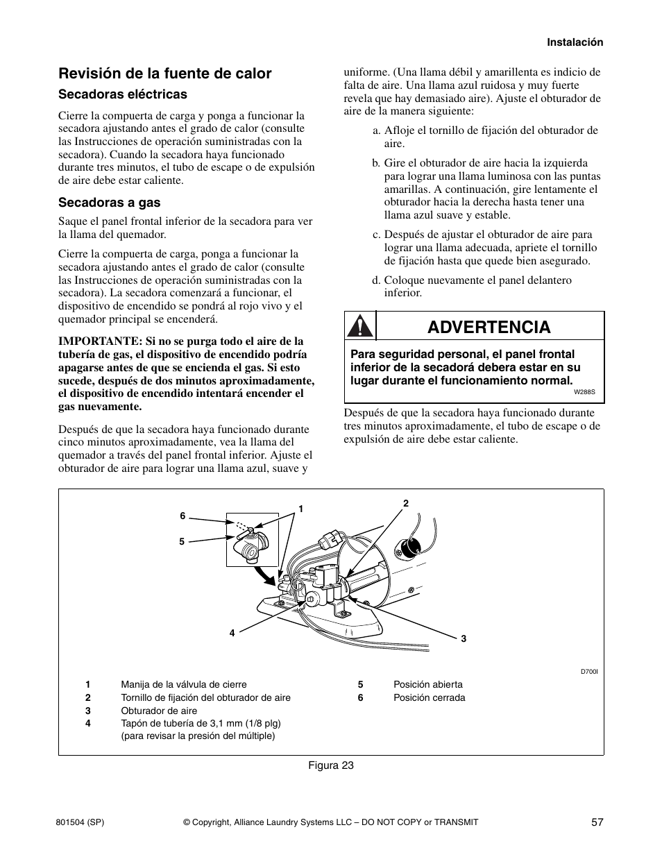 Advertencia, Revisión de la fuente de calor | Alliance Laundry Systems Washer/Dryer User Manual | Page 59 / 78