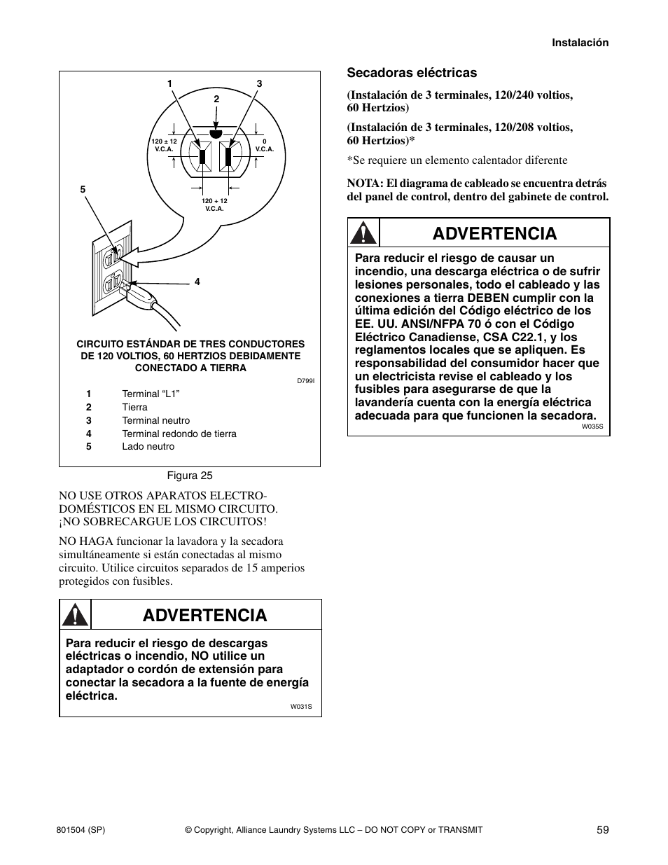 Advertencia, Secadoras eléctricas | Alliance Laundry Systems Washer/Dryer User Manual | Page 61 / 78