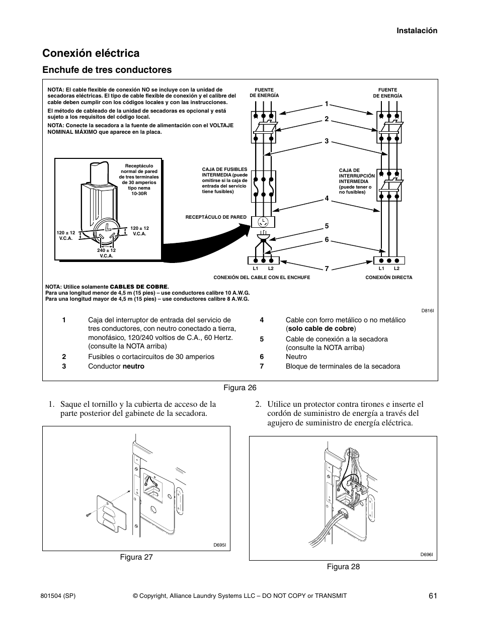 Conexión eléctrica, Enchufe de tres conductores | Alliance Laundry Systems Washer/Dryer User Manual | Page 63 / 78