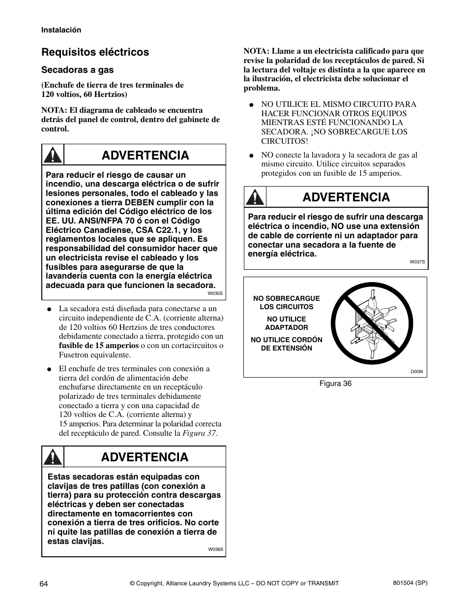 Advertencia, Requisitos eléctricos | Alliance Laundry Systems Washer/Dryer User Manual | Page 66 / 78