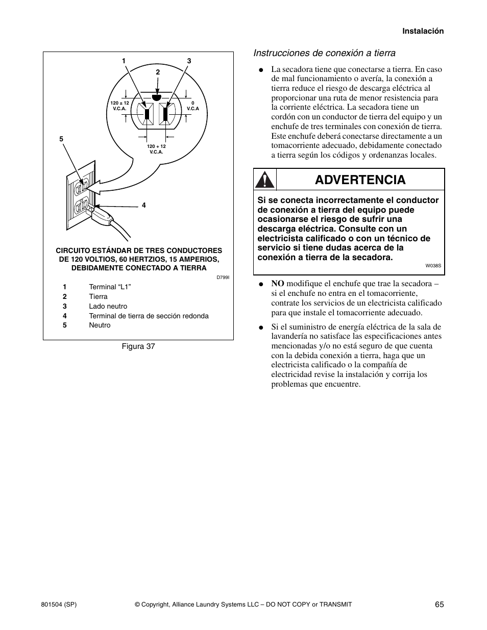 Advertencia, Instrucciones de conexión a tierra | Alliance Laundry Systems Washer/Dryer User Manual | Page 67 / 78