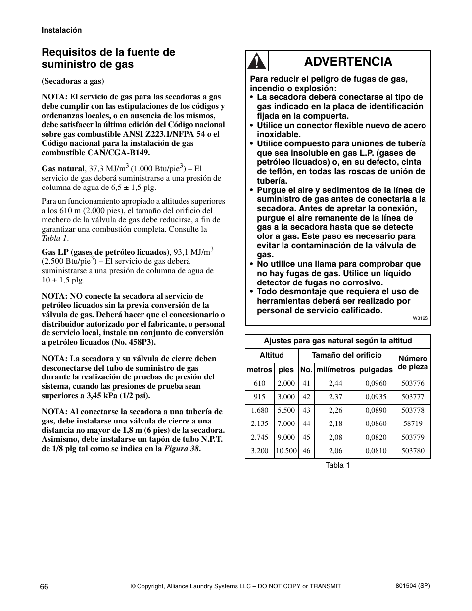 Advertencia, Requisitos de la fuente de suministro de gas | Alliance Laundry Systems Washer/Dryer User Manual | Page 68 / 78