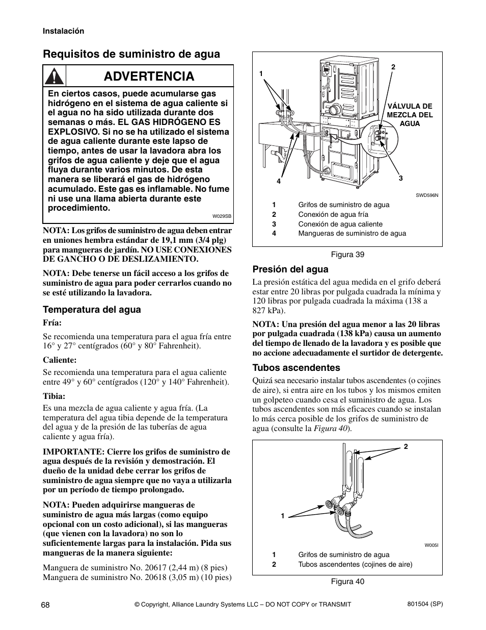 Advertencia, Requisitos de suministro de agua | Alliance Laundry Systems Washer/Dryer User Manual | Page 70 / 78