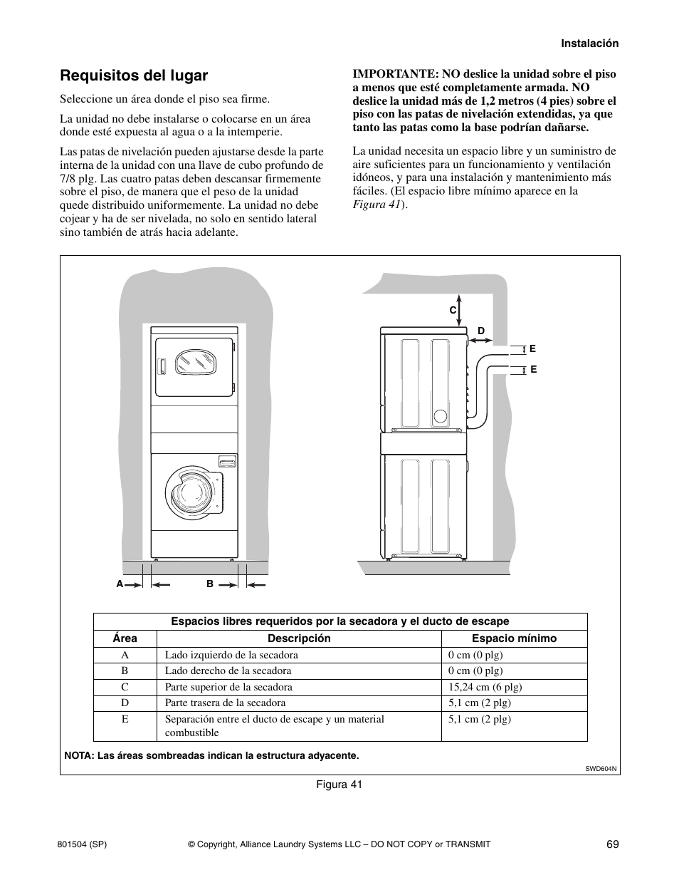 Requisitos del lugar | Alliance Laundry Systems Washer/Dryer User Manual | Page 71 / 78