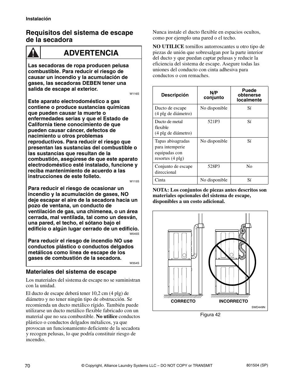 Advertencia, Requisitos del sistema de escape de la secadora | Alliance Laundry Systems Washer/Dryer User Manual | Page 72 / 78