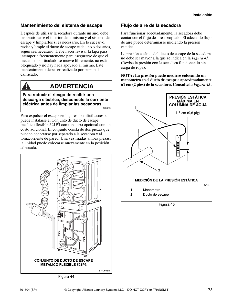 Advertencia, Mantenimiento del sistema de escape, Flujo de aire de la secadora | Alliance Laundry Systems Washer/Dryer User Manual | Page 75 / 78