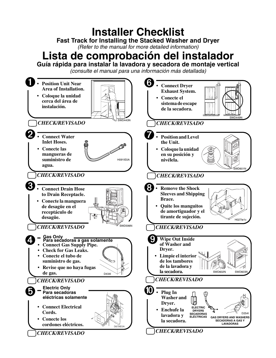 Installer checklist, Lista de comprobación del instalador | Alliance Laundry Systems Washer/Dryer User Manual | Page 78 / 78