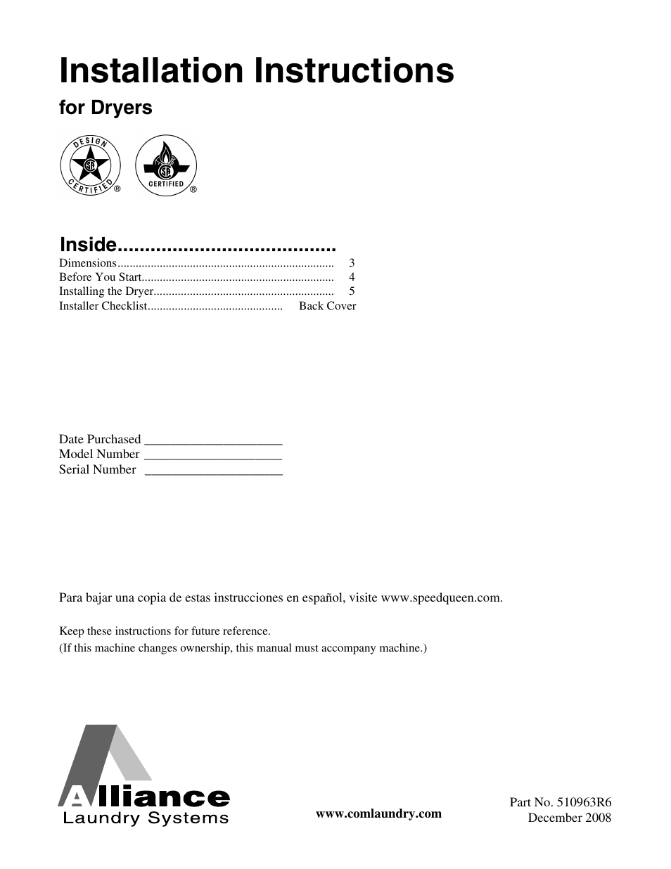Alliance Laundry Systems Clothes Dryer User Manual | 20 pages