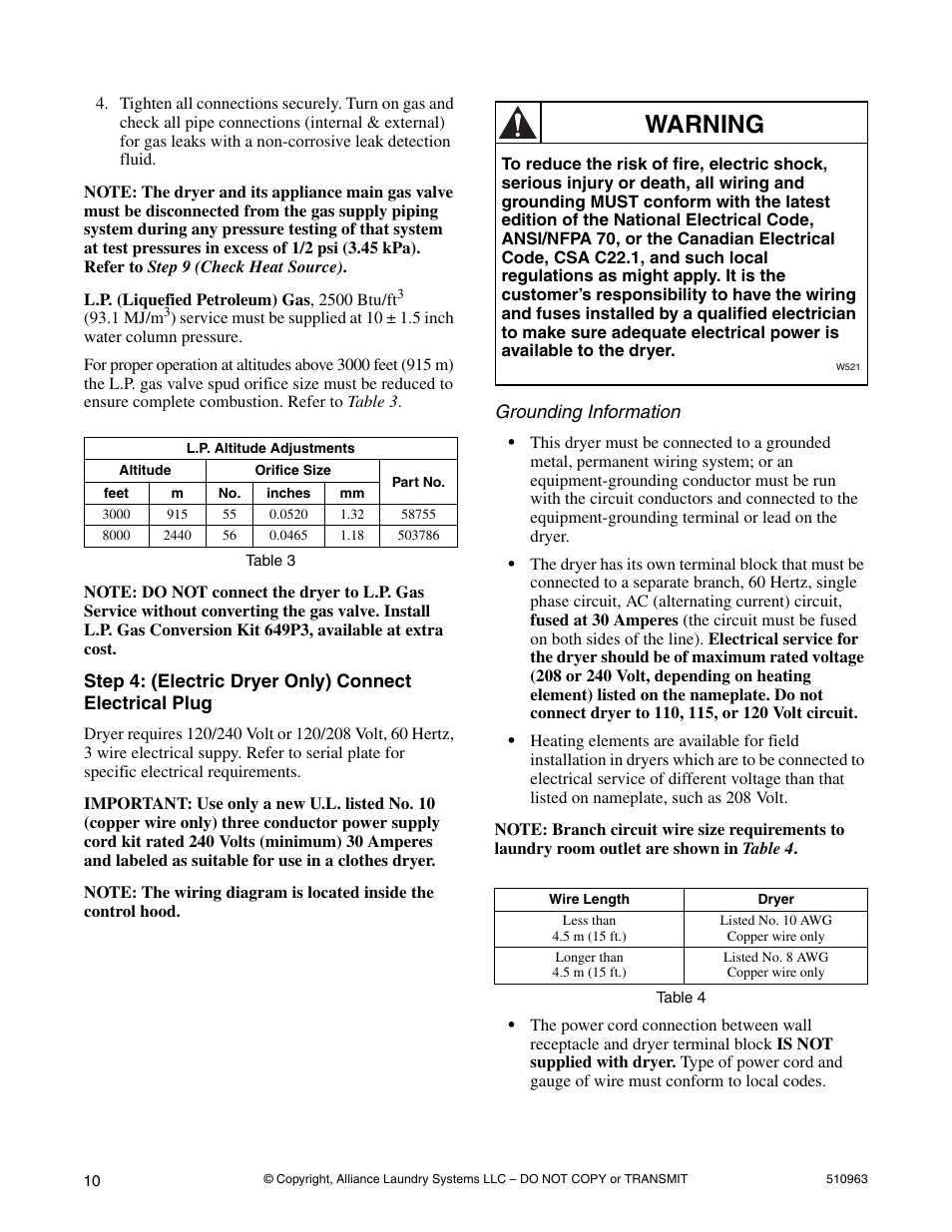 Warning | Alliance Laundry Systems Clothes Dryer User Manual | Page 10 / 20