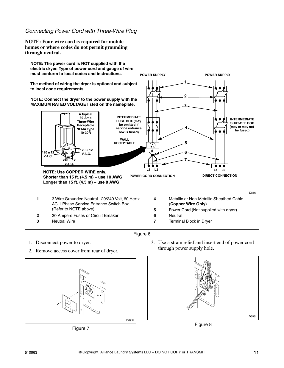 Connecting power cord with three-wire plug | Alliance Laundry Systems Clothes Dryer User Manual | Page 11 / 20