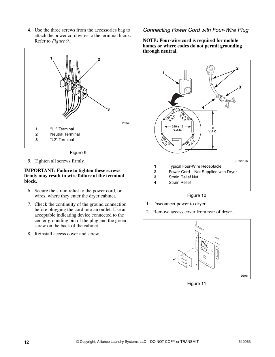 Connecting power cord with four-wire plug | Alliance Laundry Systems Clothes Dryer User Manual | Page 12 / 20