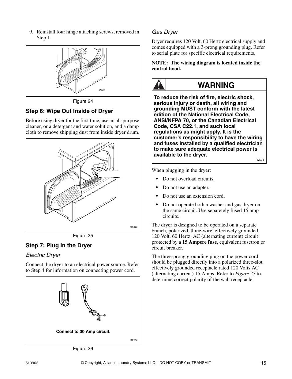 Warning | Alliance Laundry Systems Clothes Dryer User Manual | Page 15 / 20