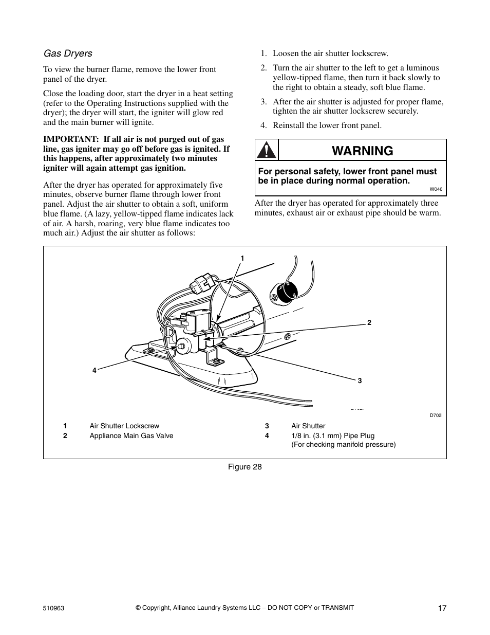 Warning | Alliance Laundry Systems Clothes Dryer User Manual | Page 17 / 20