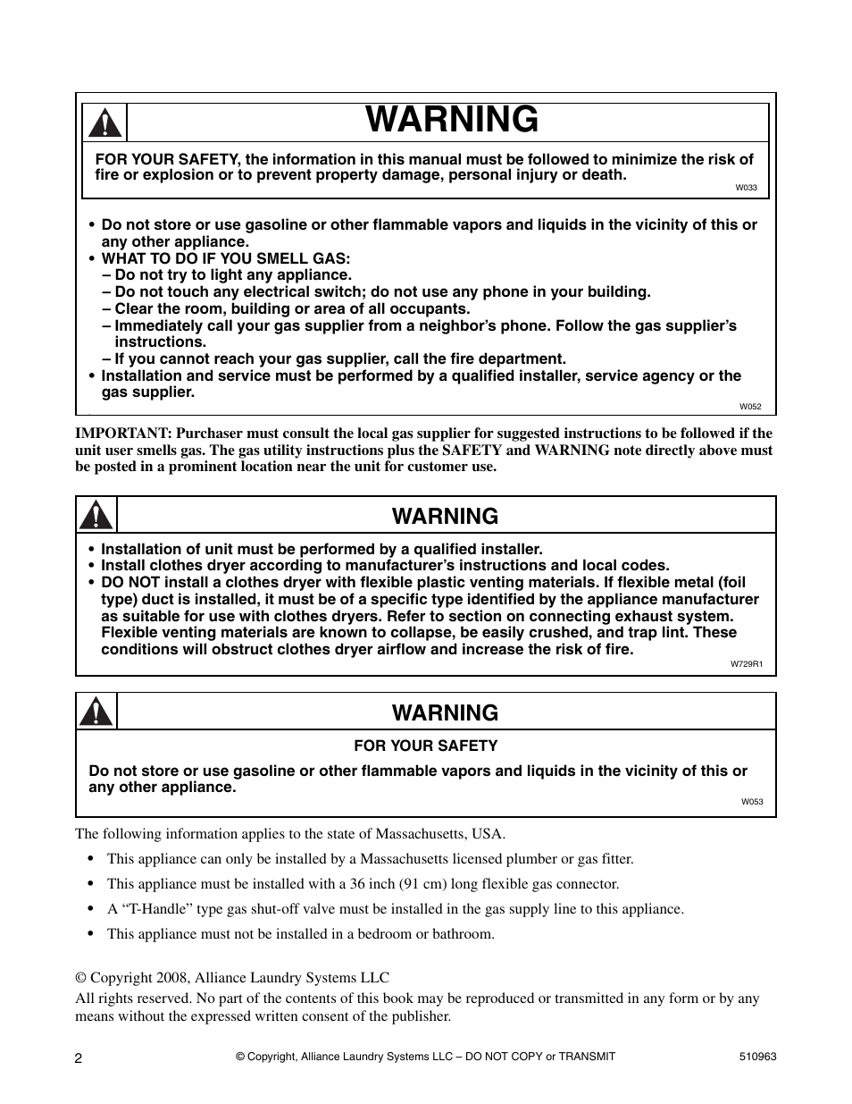 Warning | Alliance Laundry Systems Clothes Dryer User Manual | Page 2 / 20